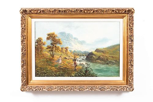 Oil on Canvas, Landscape with Figures, Signed