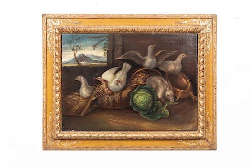 Continental School Oil on Canvas, Birds & Rabbit