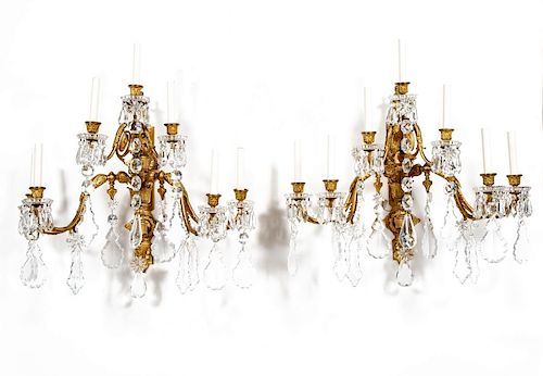 Pair, Baroque Style Bronze & Crystal Wall Sconces