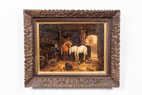 Oil on Wood Panel, Two Horses & Figure in Stable