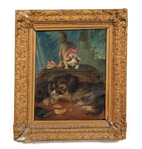 19th C. Portrait of Dogs and Cat, Oil on Canvas