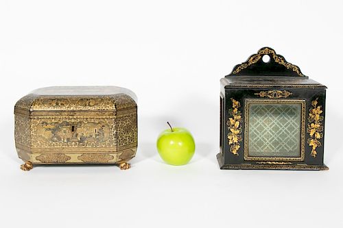 Chinese Export Lacquered Tea Caddy & Letter Box