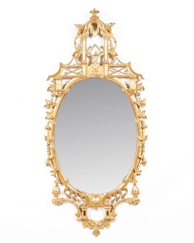 Chinese Chippendale Style Giltwood Oval Mirror
