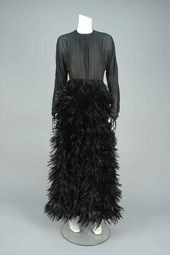 CHIFFON EVENING DRESS with FEATHER SKIRT, 1960s.