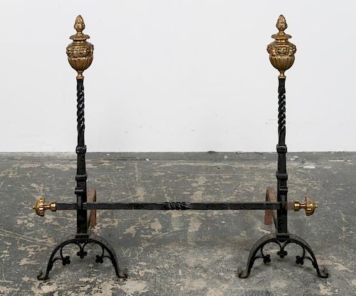 Renaissance Style Wrought Iron & Brass  Andirons