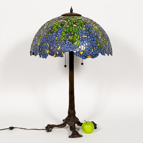 Bronze Table Lamp w/ Tiffany Style Leaded Shade