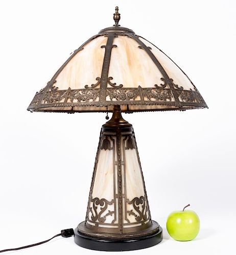 Art Nouveau Twelve Panel Slag Glass Table Lamp