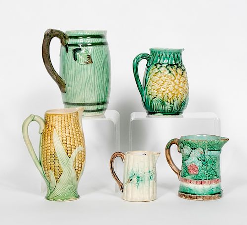 Group of 5 Majolica Handled Pitchers, 19th C.
