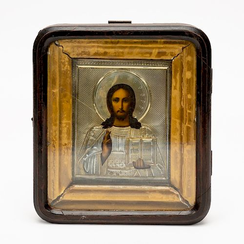 Framed Russian Icon of Jesus, Gilt 84 Silver Riza
