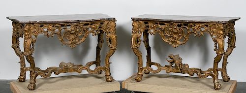 Pair, Regence Style Marble Top Giltwood Consoles