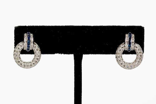 Pair, 18k White Gold, Diamond, & Sapphire Earrings