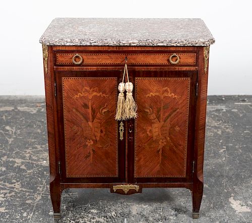 French Louis XV Style Marquetry Marble Top Cabinet