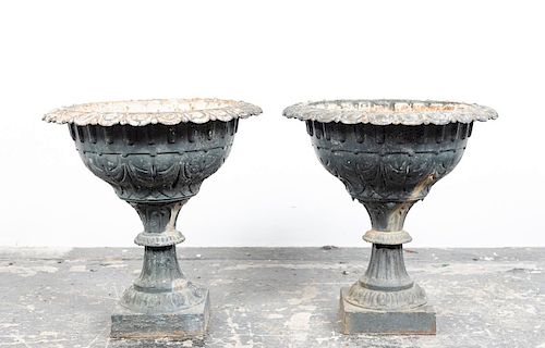 Pair, French Victorian Black Cast Iron Garden Urns