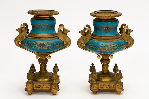 Pair, E. 20th C. French Blue & Bronze Garnitures