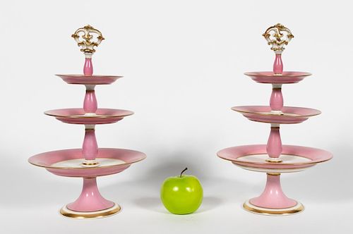 Pair, Old Paris Porcelain Pink Tiered Compotes