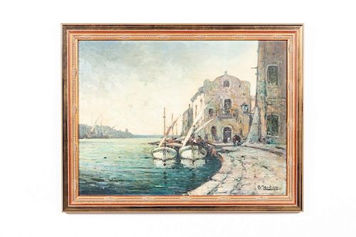 A. Tardieu, Oil on Canvas Harbor Scene w/ Boats