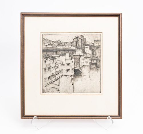 Ernest Roth Signed Etching, View on Ponte Vecchio