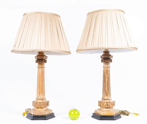 Pair of Partial Gilt Gothic Style Wooden Lamps
