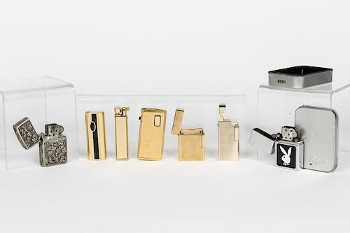 Group of 7 Gold Tone & Silver Various Lighters