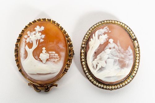 Two Lady's Oval Carved Cameo Brooches, Figural