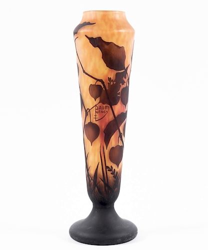 Daum Foliate Cameo Vase in Orange & Brown, Signed