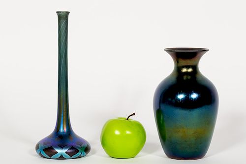 Two Blue Iridescent Hand Blown Glass Vases,