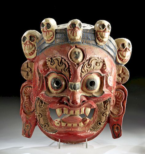Mid-20th C. Tibetan Polychrome Wood Mask - Mahakala