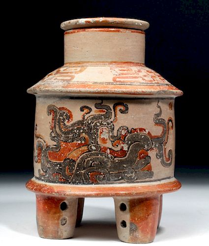 Rare Maya Peten Lidded Polychrome Vessel