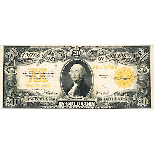 U.S. 1922 $20 GOLD CERTIFICATE