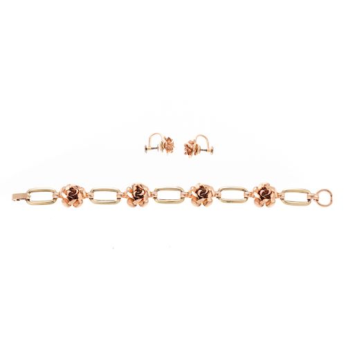 A Lady's "Rose" Bracelet & Earrings in 14K Gold