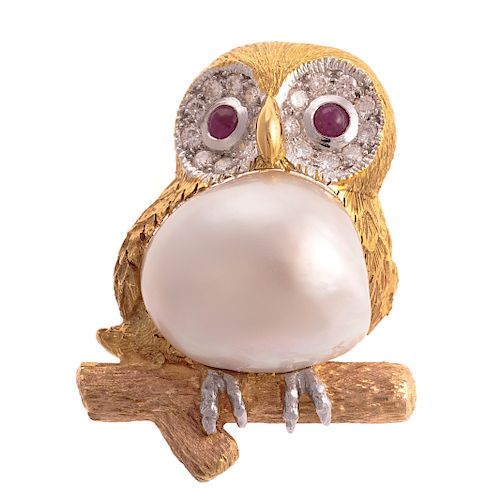 An 18K Pearl & Diamond Owl Pin by E. Wolfe & Co.