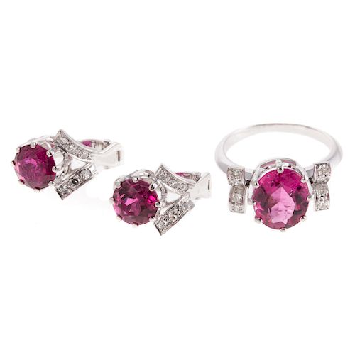 A Rubelite & Diamond Ring and Earrings in Plat