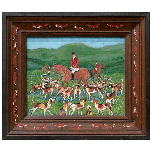 A 20th century naive painting of a fox hunt.