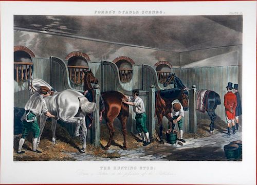 A 19th century English print of horse stables.