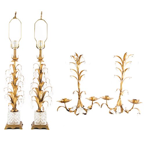 Pair Crystal & Gilt Metal Table Lamps & Sconces