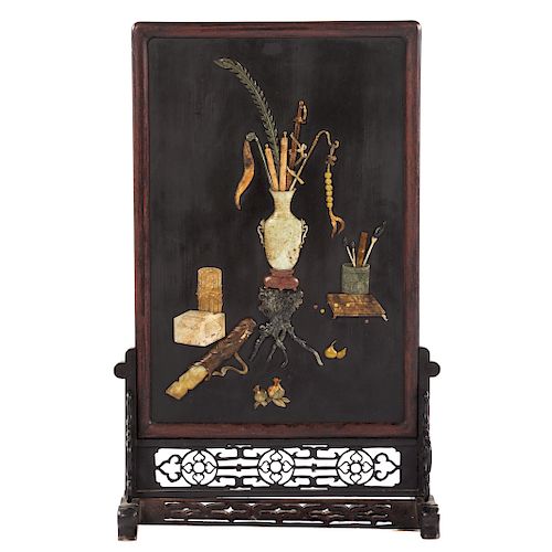 Chinese Carved Hardstone & Wood Table Screen