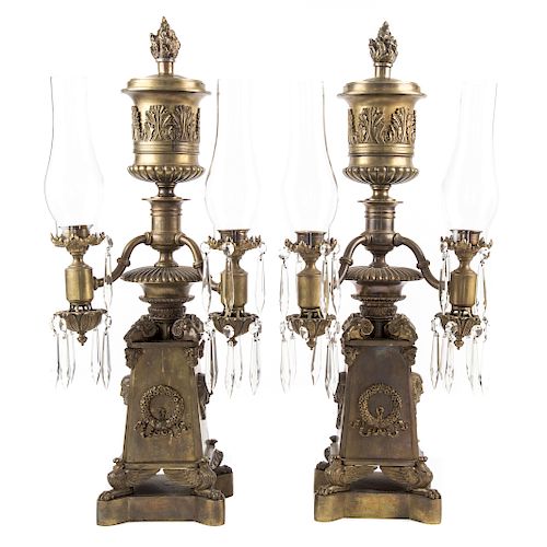 Pair Regency Classical Revival Bronze Argand Lamps