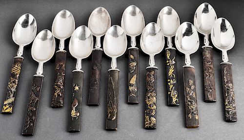 Japanese Bronze Spoons w English Silver Bowls, 12