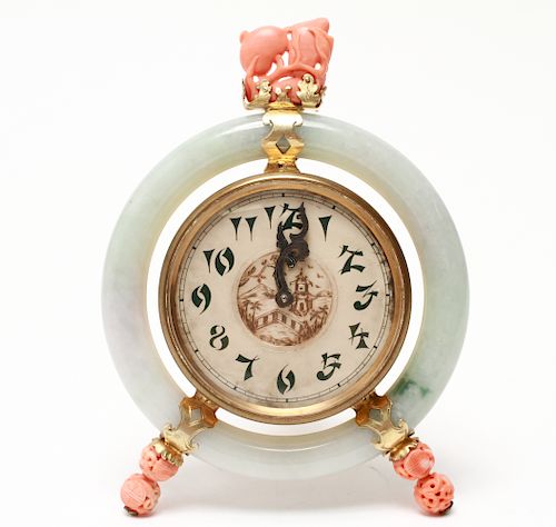Edward Farmer Silver Gilt Jade & Coral Clock, 1925