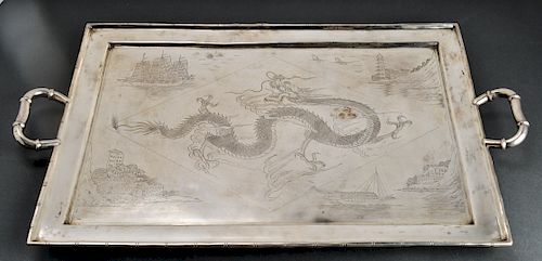 Chinese Export Silver Engraved Dragon Tray C. 1900