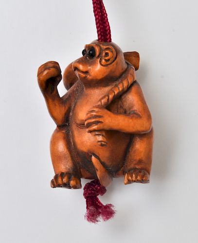 Japanese Carved Boxwood Monkey w Onyx Eyes Pendant