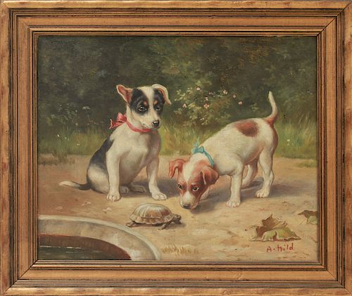 A. Hild "Puppies & Turtle" Oil on Canvas