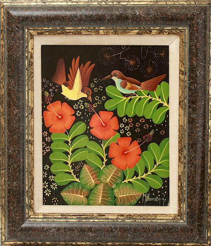 Racine Milhomme "Birds and Flowers" Oil on Board