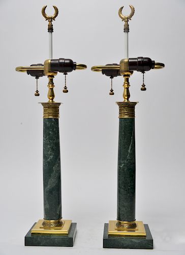 Neoclassical Manner Marble & Brass Column Lamps Pr
