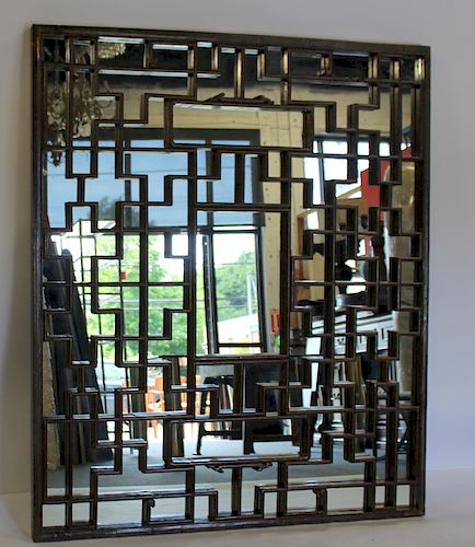 Large Antique Asian Style Fret Work Wood Mirror.
