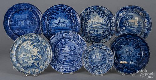 Eight historical blue Staffordshire plates of various sizes depicting English scenes, 19th c.