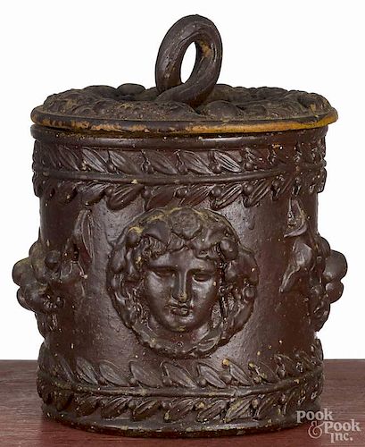 English earthenware humidor, 19th c., with relief decoration, 6 3/4'' h.