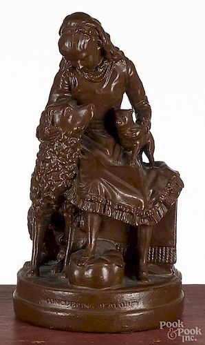 Composition figure of a girl and dogs, 19th c., titled Conquering Jealousy, 13'' h.