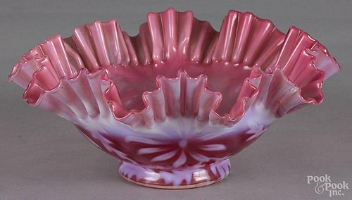 Victorian cranberry and opalescent ruffled edge bowl, 19th c., 10'' dia.