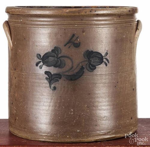 Four-gallon stoneware crock, 19th c., probably New Jersey, with cobalt floral decoration, 11 1/4'' h.